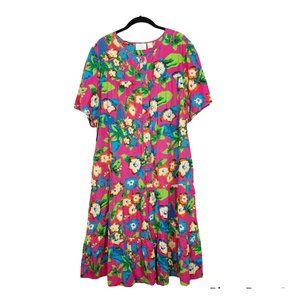 Vintage Floral Tiered Mumu House Dress Size L Pink Bright Midi